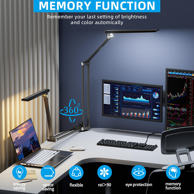 Metallisch schwarze Schreibtischleuchte mit Schwenkarm und Klemme